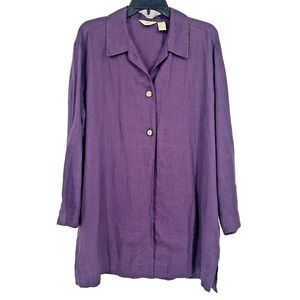 J Jill Purple Linen Shirt Shacket Two Button Closure Slit Back Lagenlook Size 8
